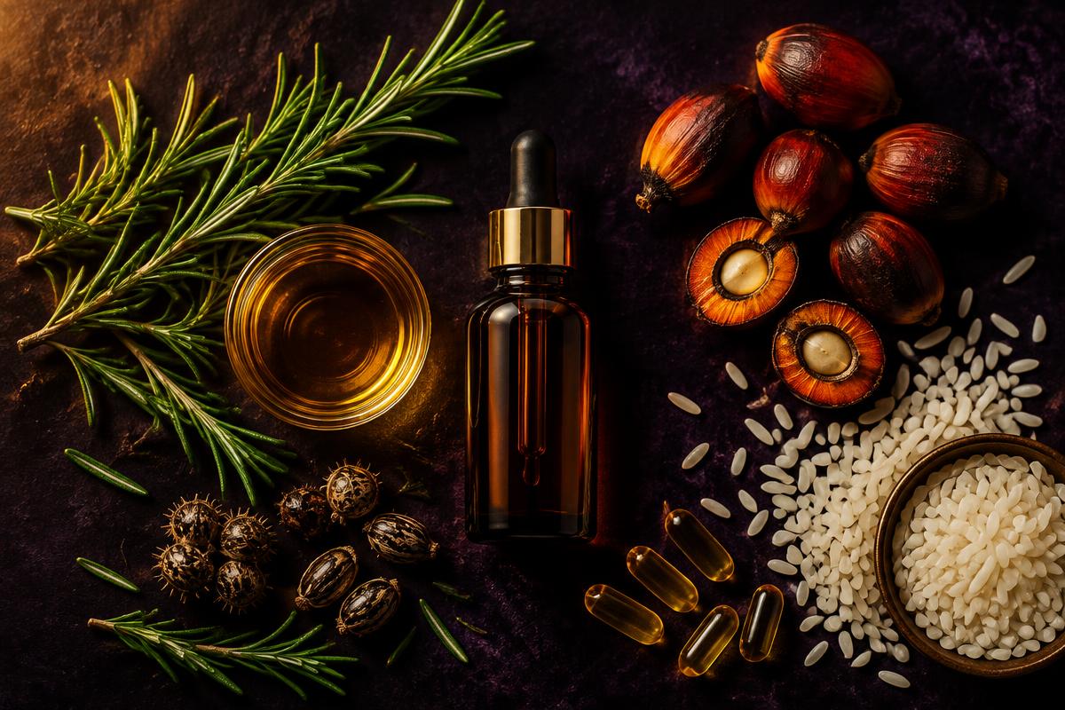 Flat lay of Aveya botanical ingredients: batana oil, rosemary, castor oil, biotin and hydrolyzed rice protein